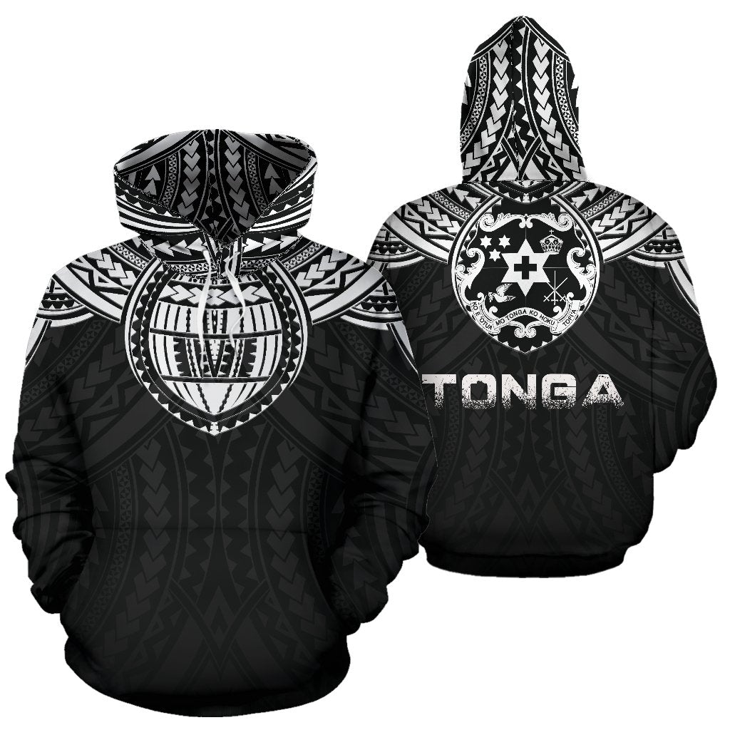 Tonga All Over Hoodie Tonga Coat of Arms Polynesian Tattoo A5 Unisex Black - Polynesian Pride