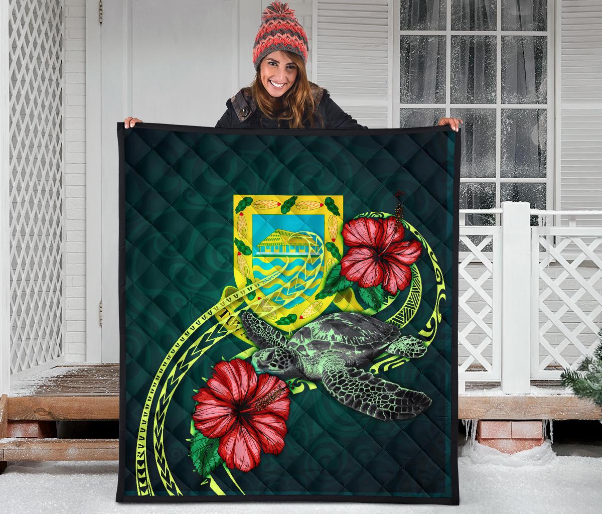 Tuvalu Polynesian Premium Quilt - Green Turtle Hibiscus - Polynesian Pride
