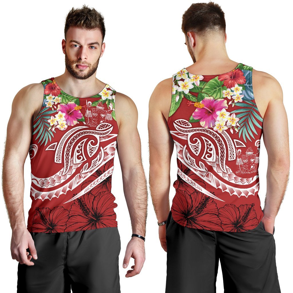 Fiji Polynesian Men's Tank Top - Summer Plumeria (Red) - Polynesian Pride