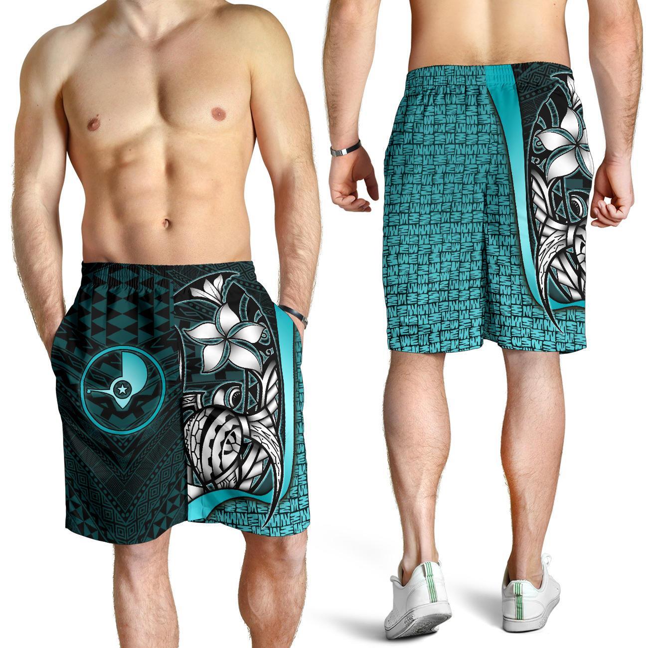 Yap Micronesian Men's Shorts Turquoise - Turtle With Hook Turquoise - Polynesian Pride