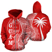 Guam Polynesian Zip up Hoodie Coconut Tree Red and White Unisex Red - Polynesian Pride