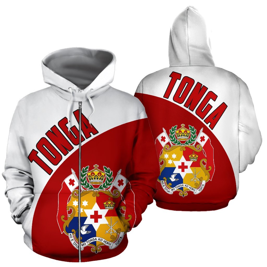 Tonga Zip up Hoodie Tonga Coat of Arms Wave Flag Color Unisex Black - Polynesian Pride