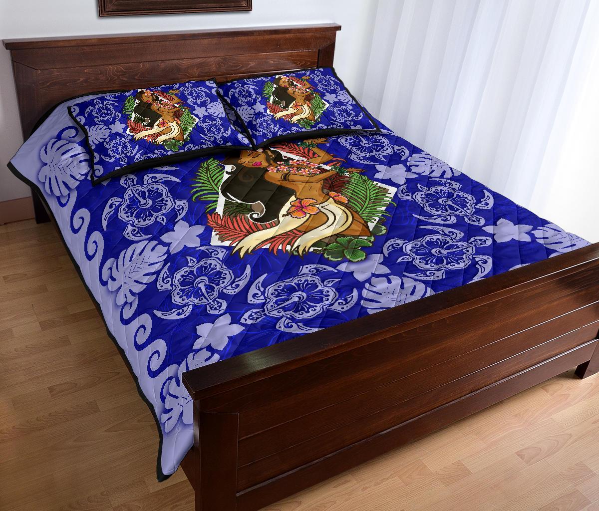 Hawaii Polynesian Quilt Bed Set - Hawaiian Dancing Girl Blue - Polynesian Pride