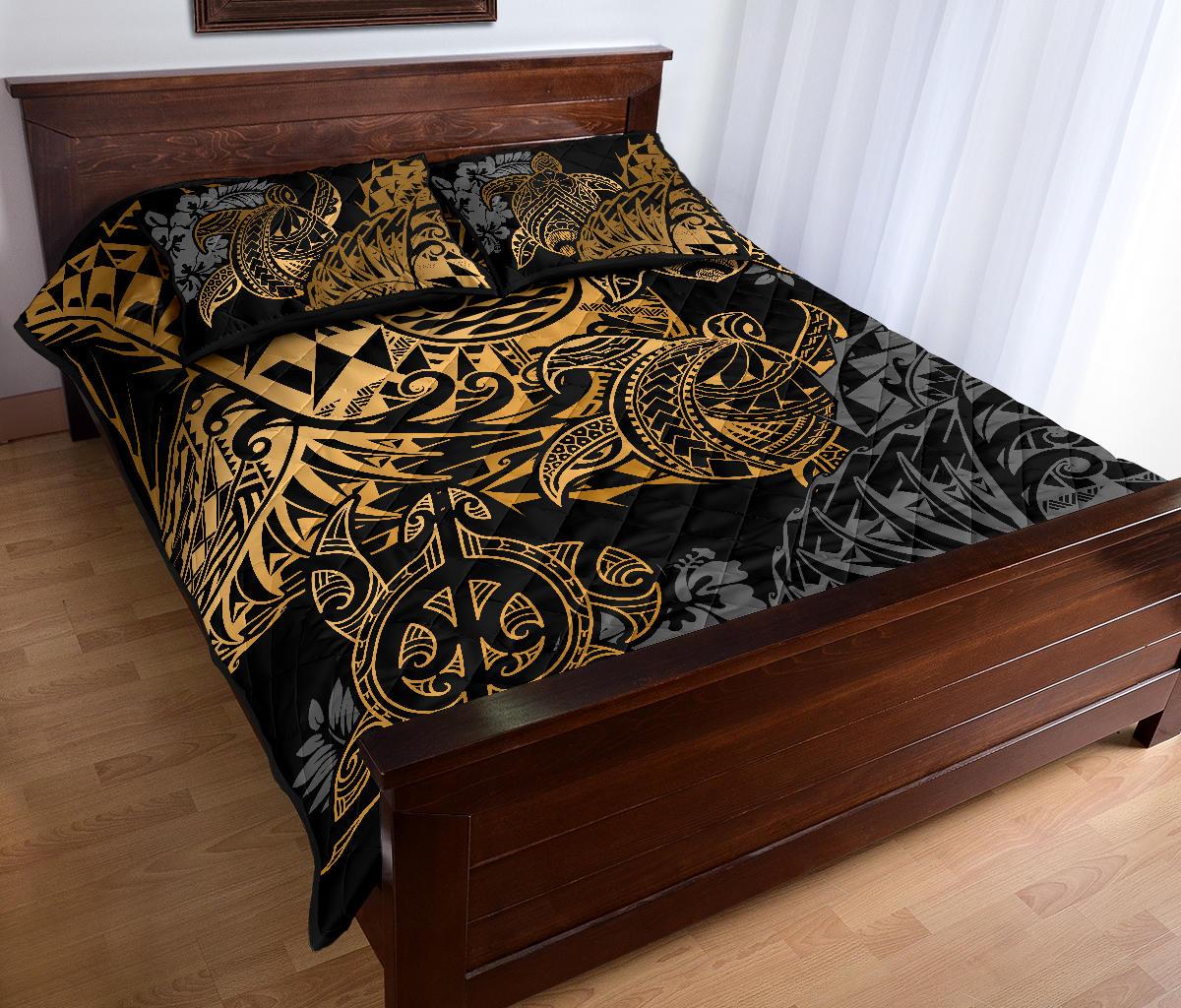 Tahiti Polynesian Quilt Bed Set - Gold Turtle Hibiscus Flowing - Polynesian Pride