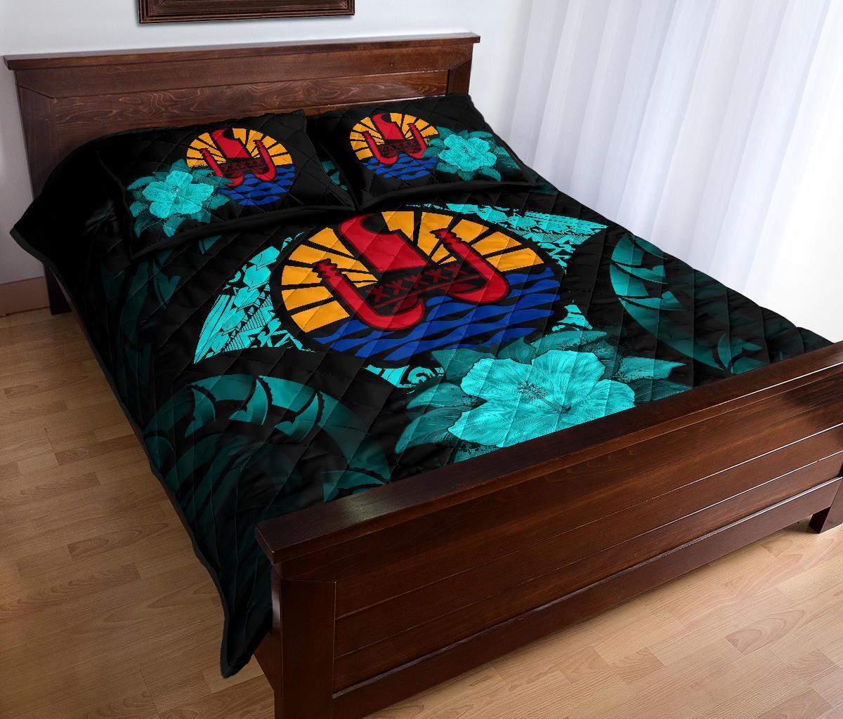 Tahiti Polynesian Quilt Bed Set Hibiscus Turquoise - Polynesian Pride