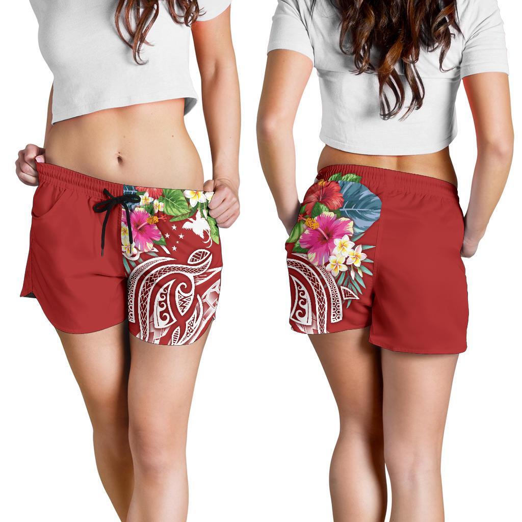 Papua New Guinea Polynesian Women's Shorts - Summer Plumeria (Red) - Polynesian Pride