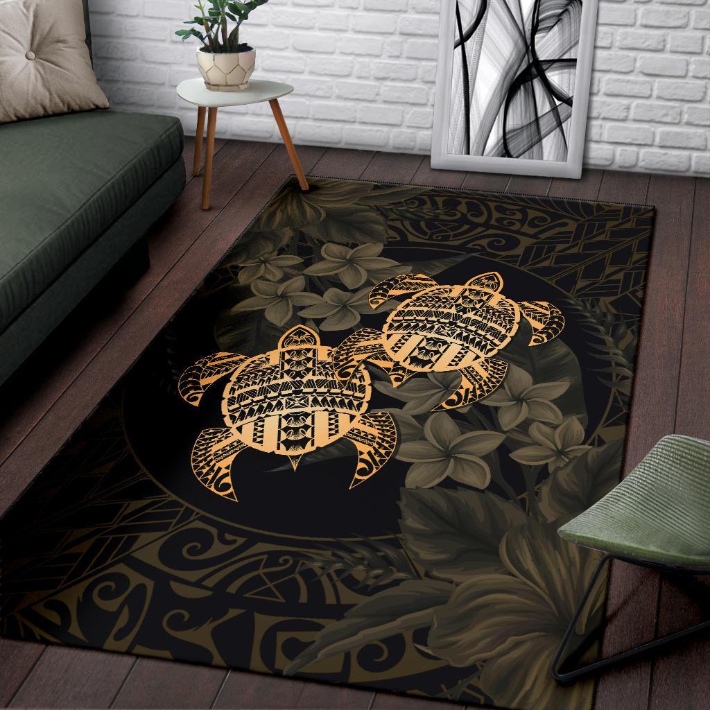 hawaii Rug - Turtle Strong Pattern Hibiscus Plumeria Gold AH - Polynesian Pride