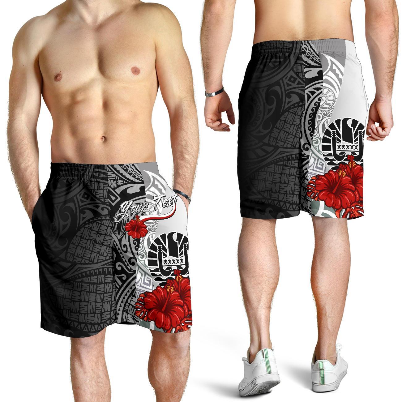 Tahiti Polynesian Custom Personalised Men's Shorts - Coat Of Arm With Hibiscus White Black - Polynesian Pride