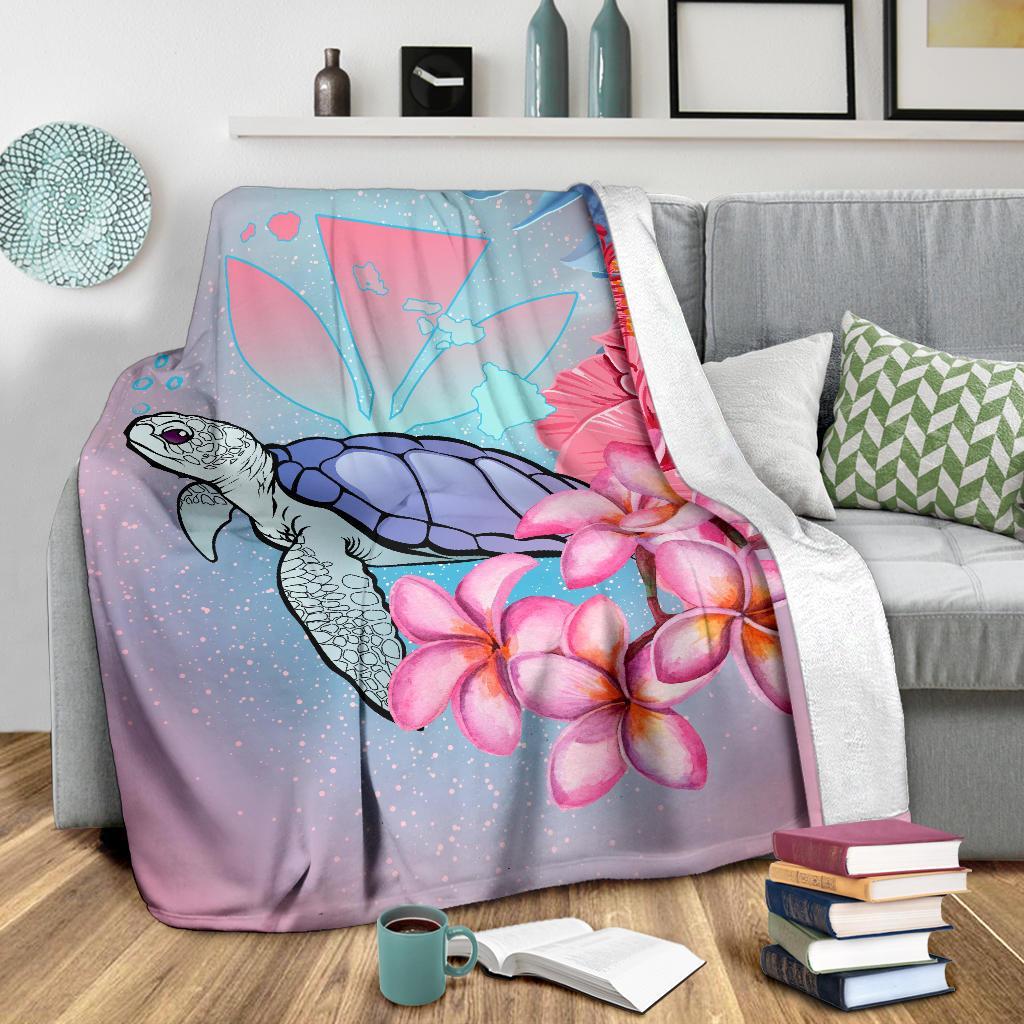 Hawaii Map Kanaka Turtle Galaxy Night Plumeria Hibiscus Premium Blanket - Polynesian Pride