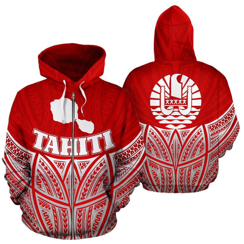 Tahiti Polynesian Zip up Hoodie Red Pride Map and Seal Unisex Red - Polynesian Pride