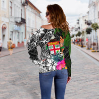 Fiji Off Shoulder Sweater - Turtle Plumeria Banana Leaf Crest - Polynesian Pride