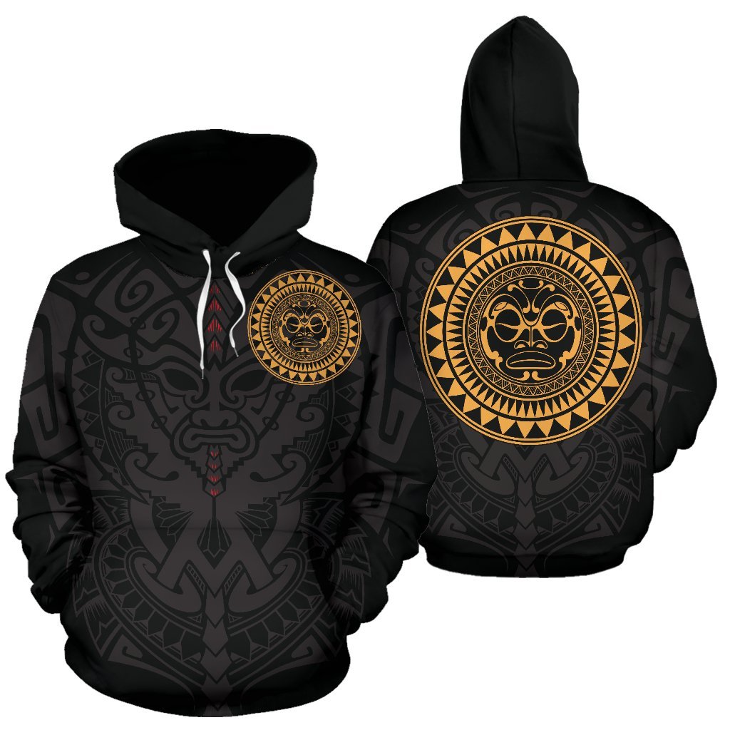 Polynesian All Over Hoodie Polynesian Face Tattoo 6 Unisex Black & GOLD - Polynesian Pride