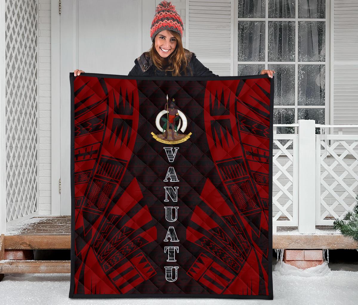 Vanuatu Premium Quilt - Vanuatu Coat Of Arms Polynesian Red Tattoo (Dark Red) - Polynesian Pride