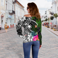 Chuuk Off Shoulder Sweater - Turtle Plumeria Banana Leaf - Polynesian Pride