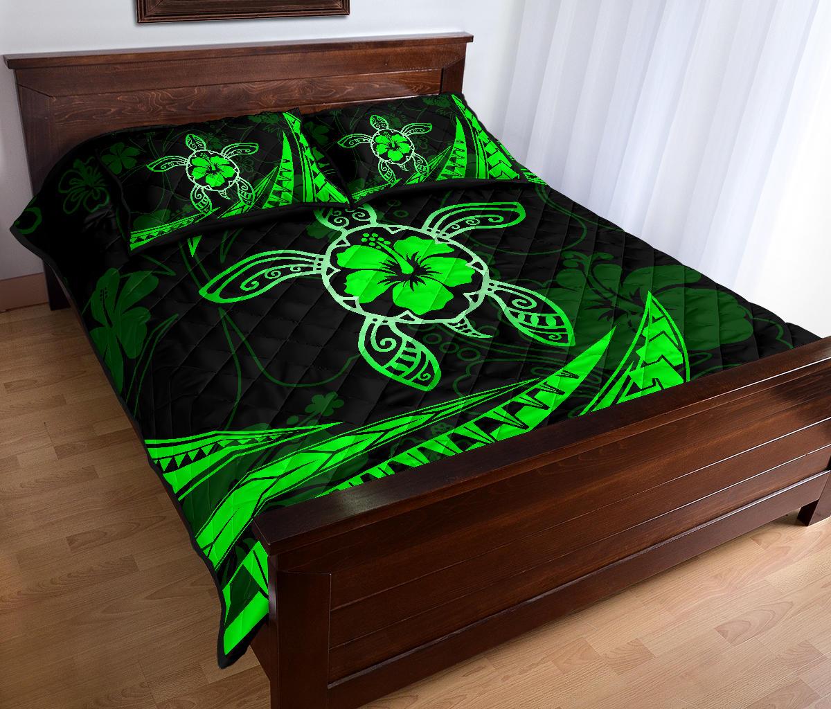 Hawaii Quilt Bed Set - Hibiscus Turtle Tribal Waves Green - Polynesian Pride