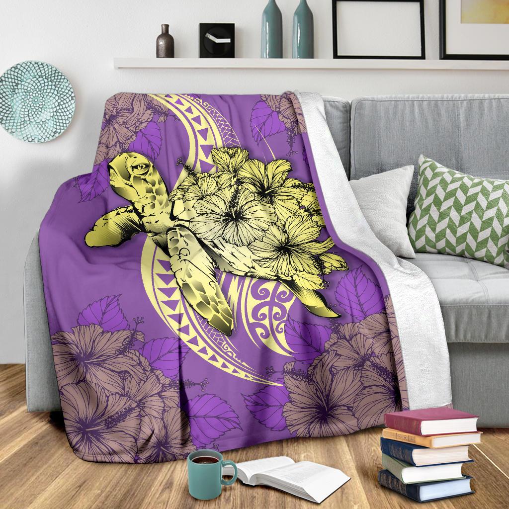 Hawaii Polynesian Turtle Hibiscus Premium Blanket - Yellow - Polynesian Pride