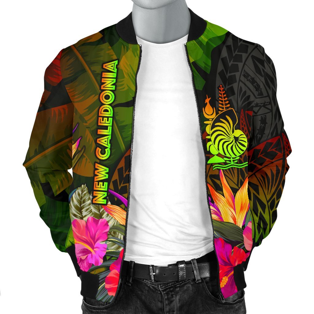New Caledonia Polynesian Men's Bomber Jacket - Hibiscus and Banana Leaves - Polynesian Pride