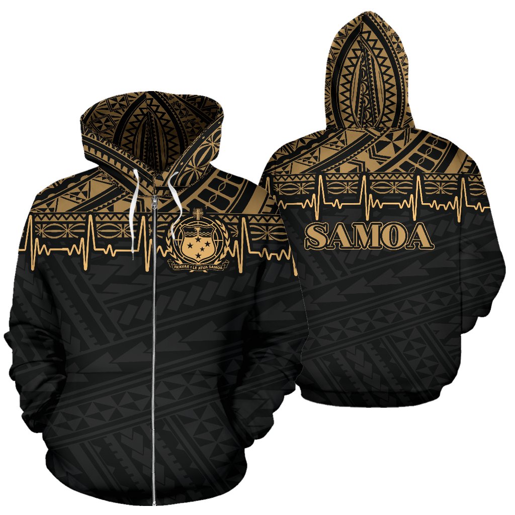 Samoa Polynesian All Over Zip up Hoodie Gold Heartbeat Style Unisex Black - Polynesian Pride