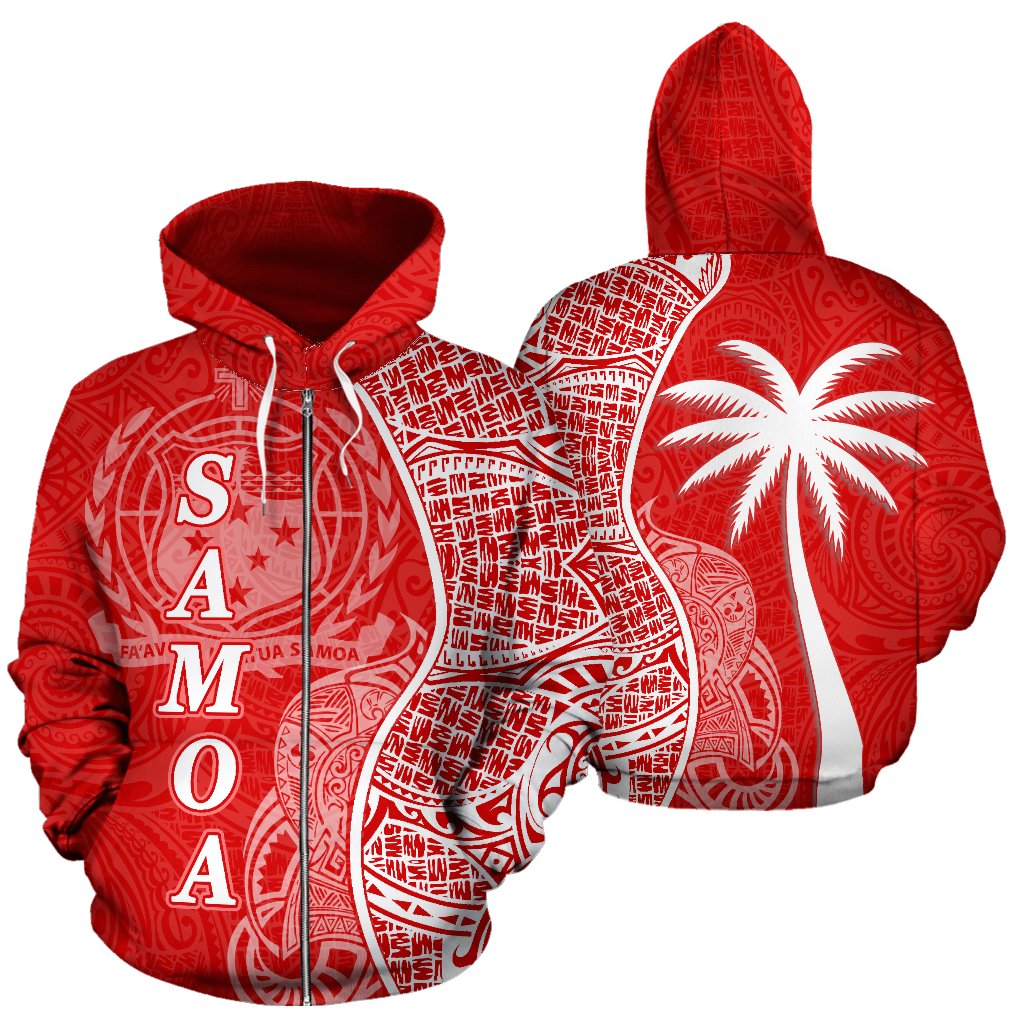 Samoa Polynesian Zip up Hoodie Coconut Tree Red and White Unisex Red - Polynesian Pride