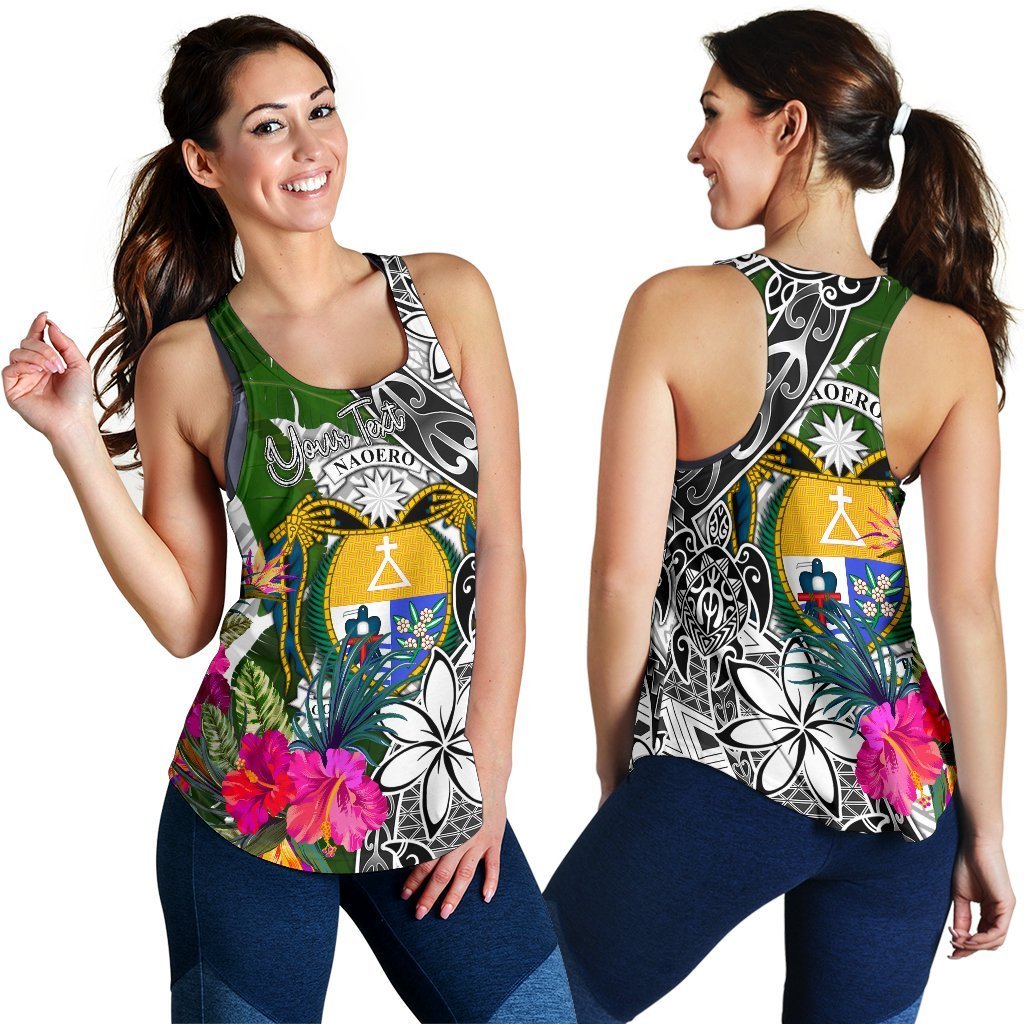 Nauru Custom Personalised Women's Racerback Tank White - Turtle Plumeria Banana Leaf Crest - Polynesian Pride