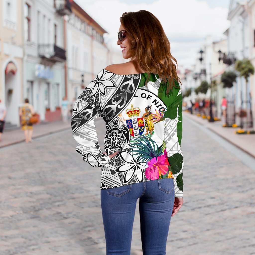 Niue Women's Off Shoulder Sweater White - Turtle Plumeria Banana Leaf - Polynesian Pride