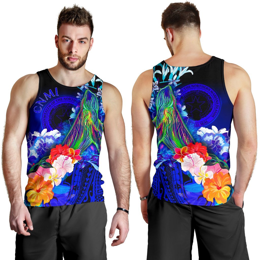 CNMI Men's Tank Top - Humpback Whale with Tropical Flowers (Blue) - Polynesian Pride