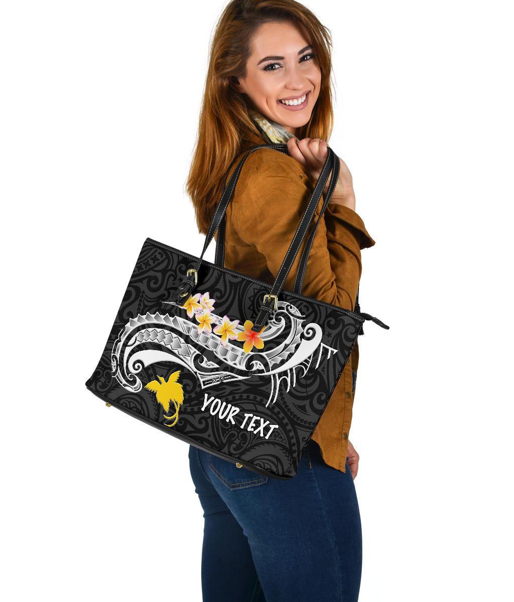 Papua New Guinea Custom Personalised Large Leather Totes - PNG Seal Polynesian Patterns Plumeria (Black) - Polynesian Pride