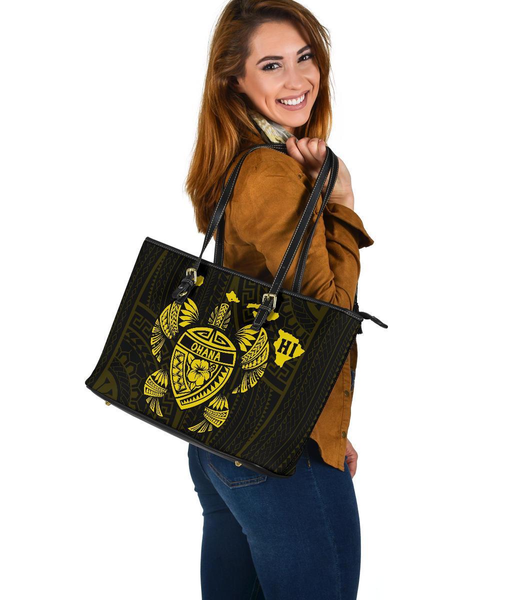 Hawaii Kakau Polynesian Turtle Map Large Leather Tote - Yellow - Polynesian Pride