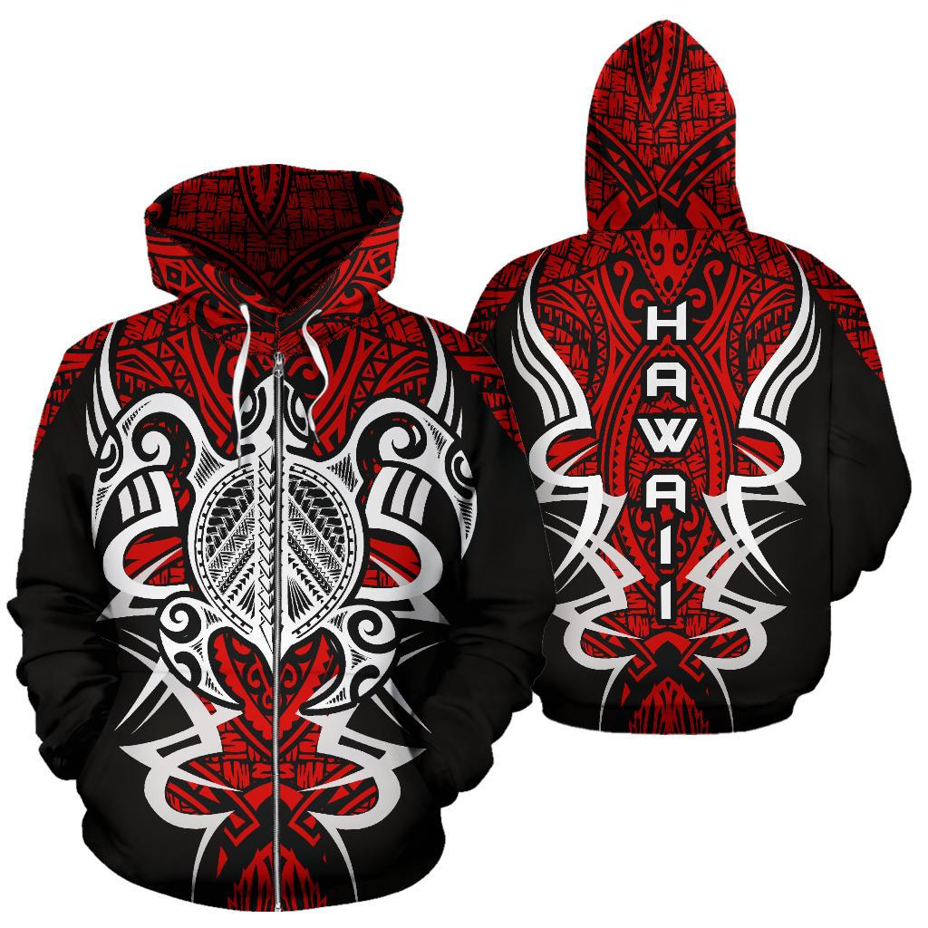 Hawaii Turtle Tribal Red Hoodie Armor Style Unisex Red - Polynesian Pride