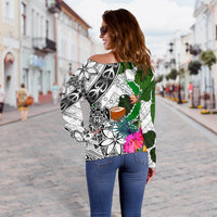 Pohnpei Custom Personalised Women's Off Shoulder Sweater White - Turtle Plumeria Banana Leaf - Polynesian Pride
