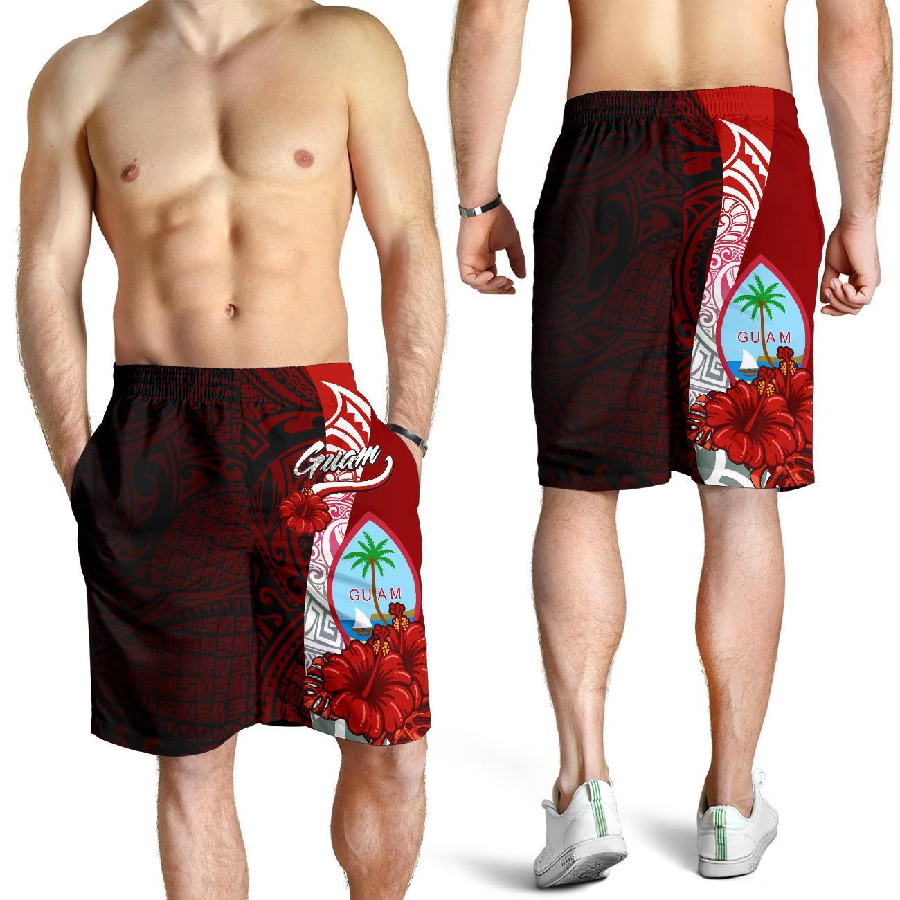 Guam Polynesian Men's Shorts - Coat Of Arm With Hibiscus Red - Polynesian Pride