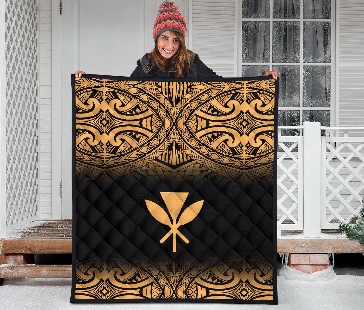 Hawaii Premium Quilt - Gold Kanaka Maoli Polynesian Tattoo & Black Frog - Polynesian Pride