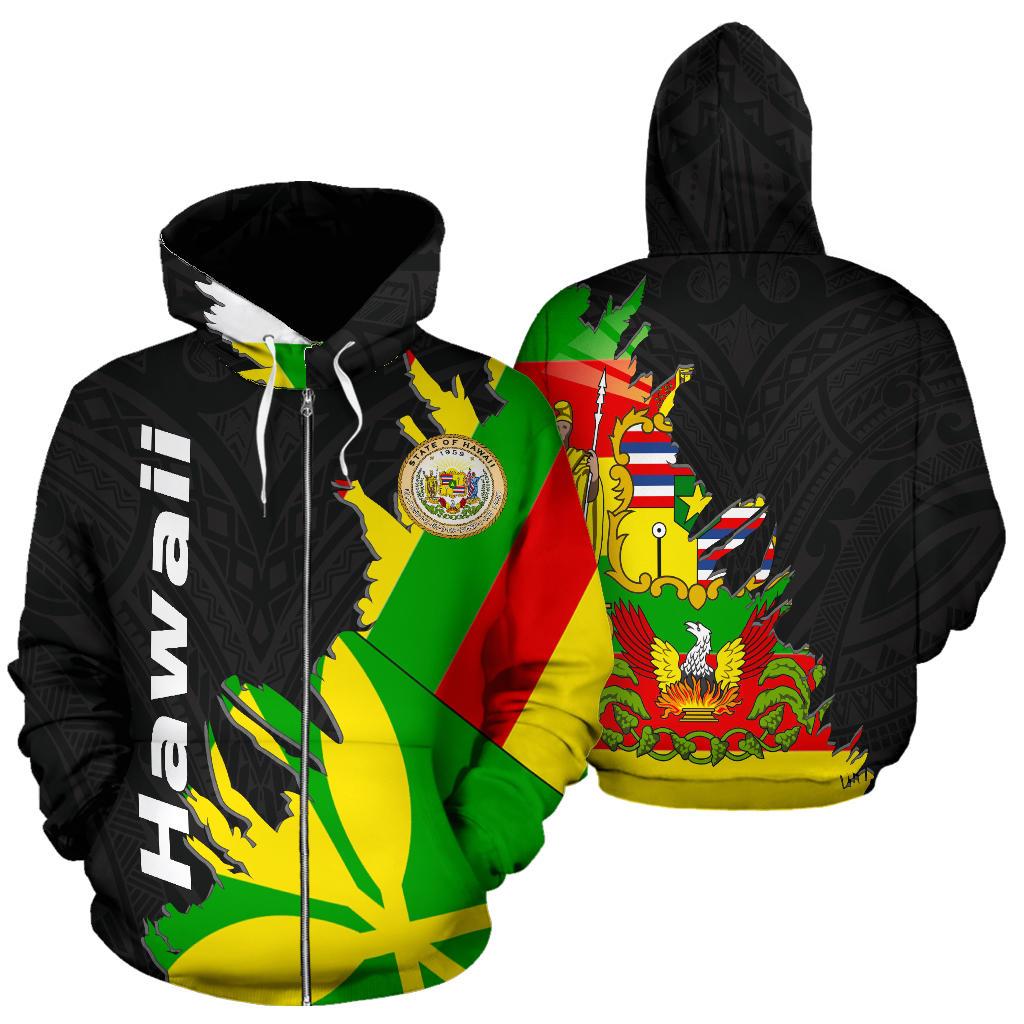 Hawaii All Over Zip up Hoodie Wrap Style Unisex Black - Polynesian Pride