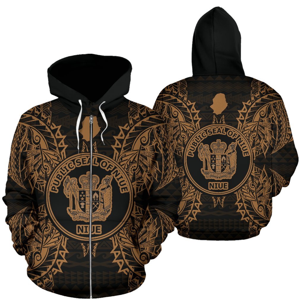 Niue Polynesian All Over Zip up Hoodie Map Gold Unisex Gold - Polynesian Pride