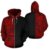 Polynesian Zip Hoodie Polyneaisn Tattoo Half Red Unisex Red - Polynesian Pride