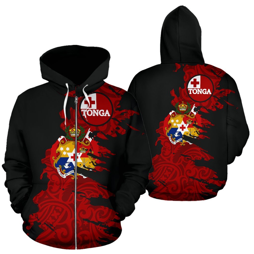 Tonga Polynesian Zip up Hoodie Tonga Flag COat of Arms Painting Unisex Black - Polynesian Pride