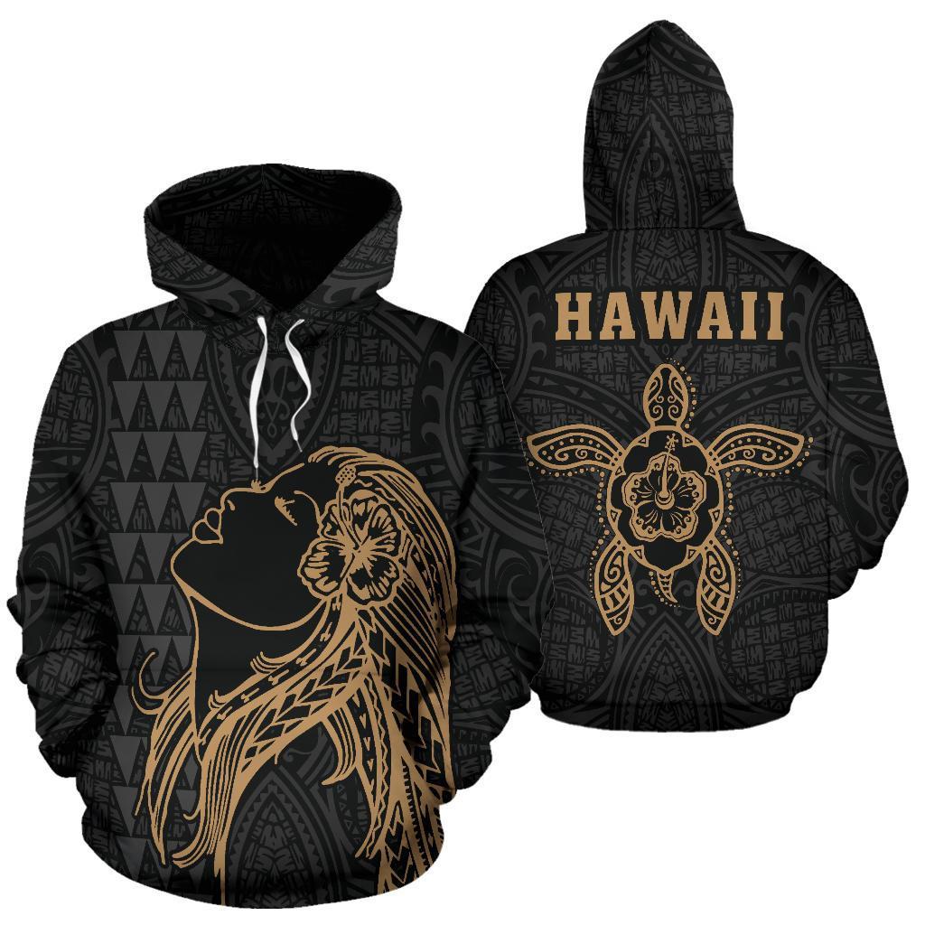 Polynesian Kakau Hula Girl Turtle Hibiscus Hawaii Hoodie Gold Unisex Gold - Polynesian Pride