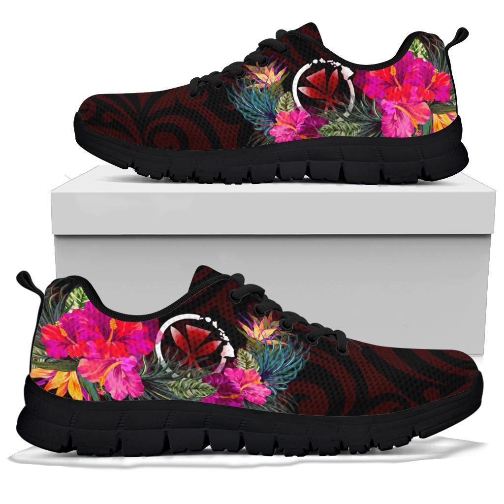 Hawaii Sneakers - Kanaka Maoli With Hibiscus On Polynesian Patterns (RED) - Polynesian Pride