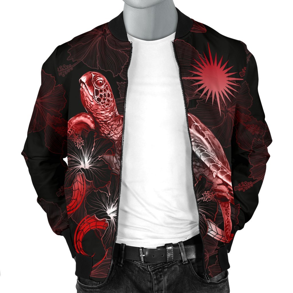 Marshall Islands Polynesian Men's Bomber Jacket - Turtle With Blooming Hibiscus Red - Polynesian Pride