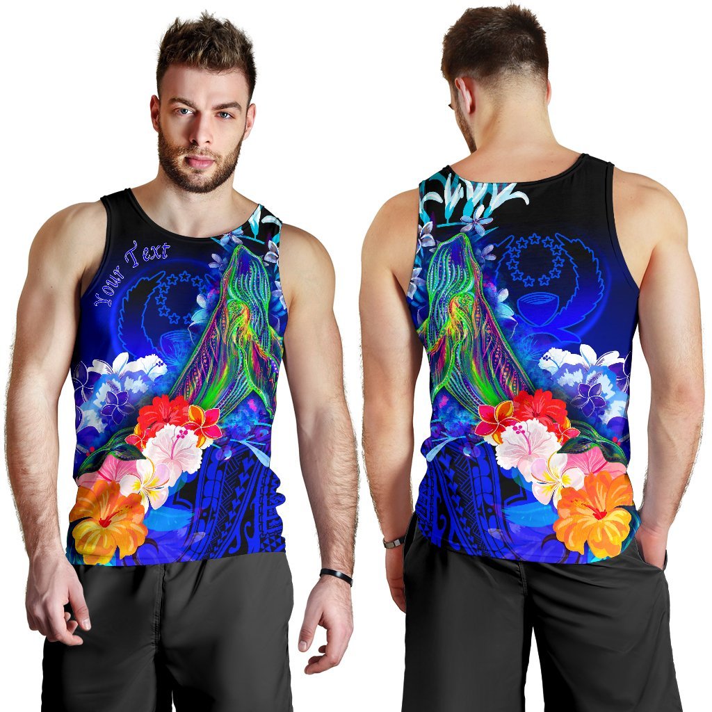 Pohnpei Custom Personalised Men's Tank Top - Humpback Whale with Tropical Flowers (Blue) Blue - Polynesian Pride
