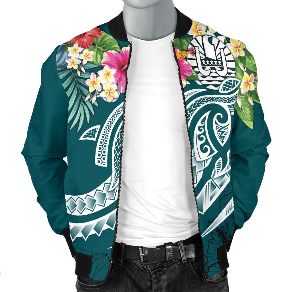 Nauru Polynesian Men's Bomber Jacket - Summer Plumeria (Turquoise) - Polynesian Pride