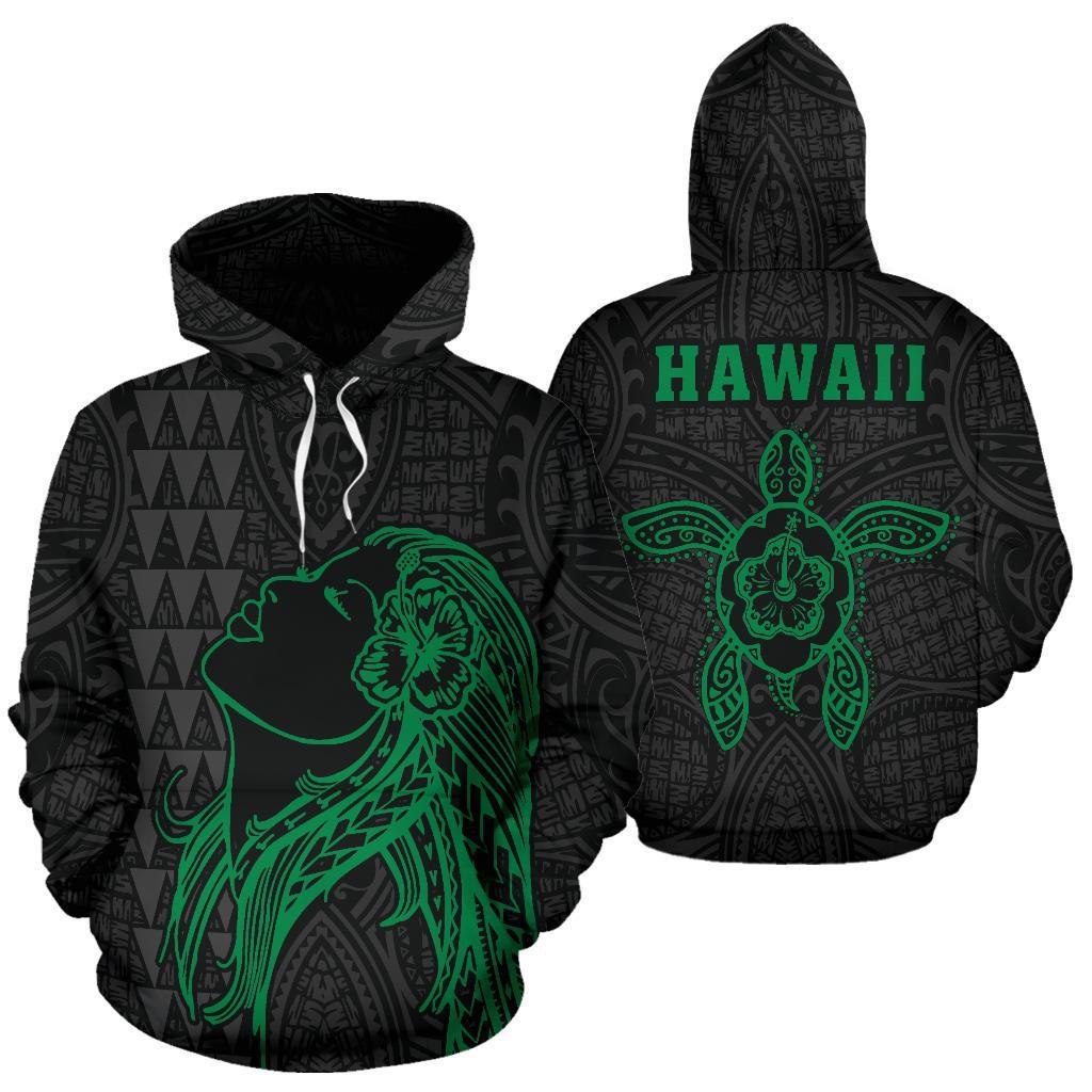 Polynesian Kakau Hula Girl Turtle Hibiscus Hawaii Hoodie Green Unisex Green - Polynesian Pride