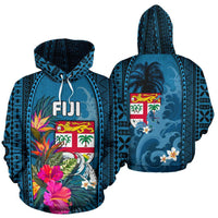 Fiji All Over Hoodie Coat of Arms Polynesian With Hibiscus and Waves - Polynesian Pride