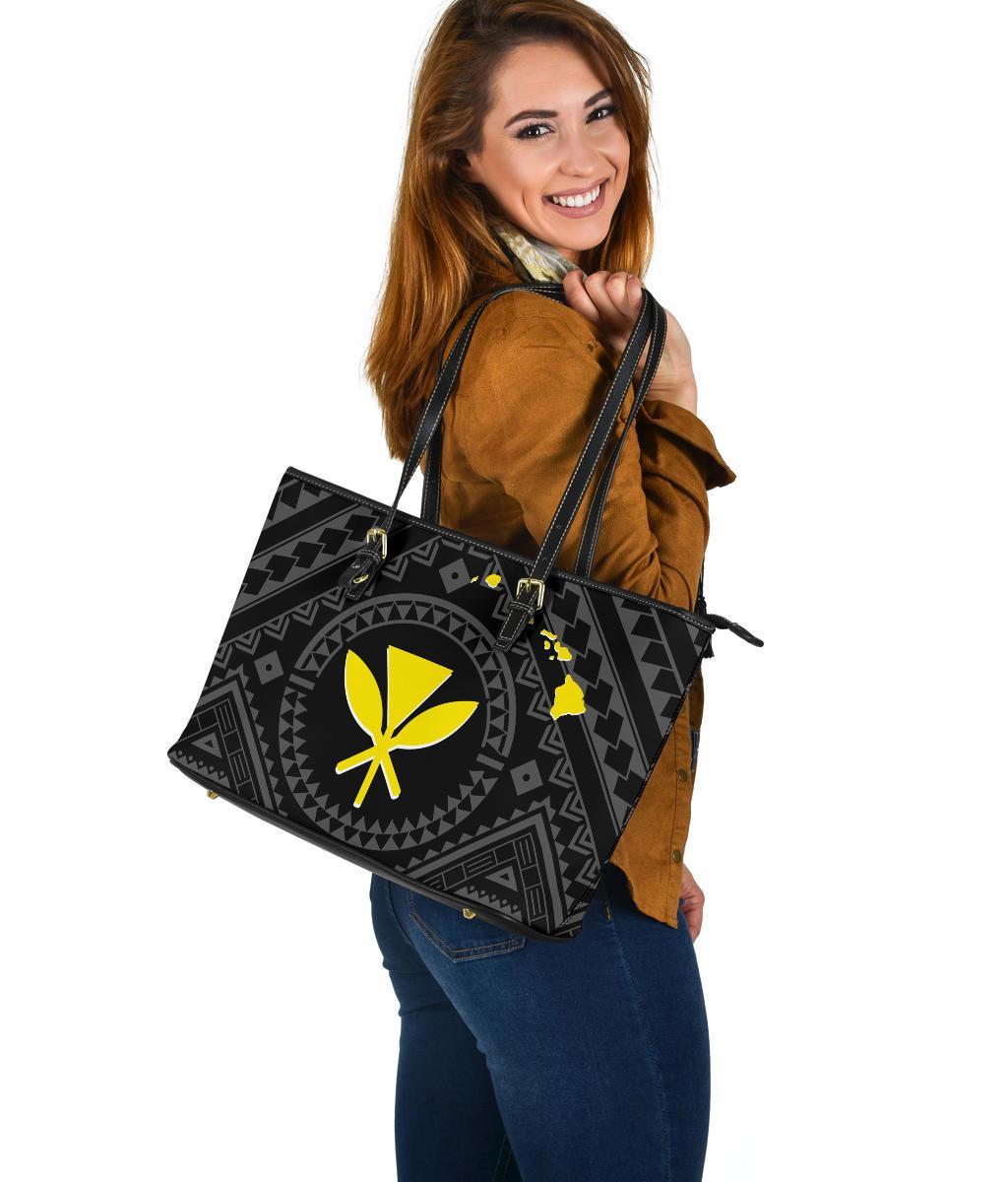 Hawaii Leather Tote Bag - Hawaii Kanaka Maoli And Map ( Black) - Polynesian Pride