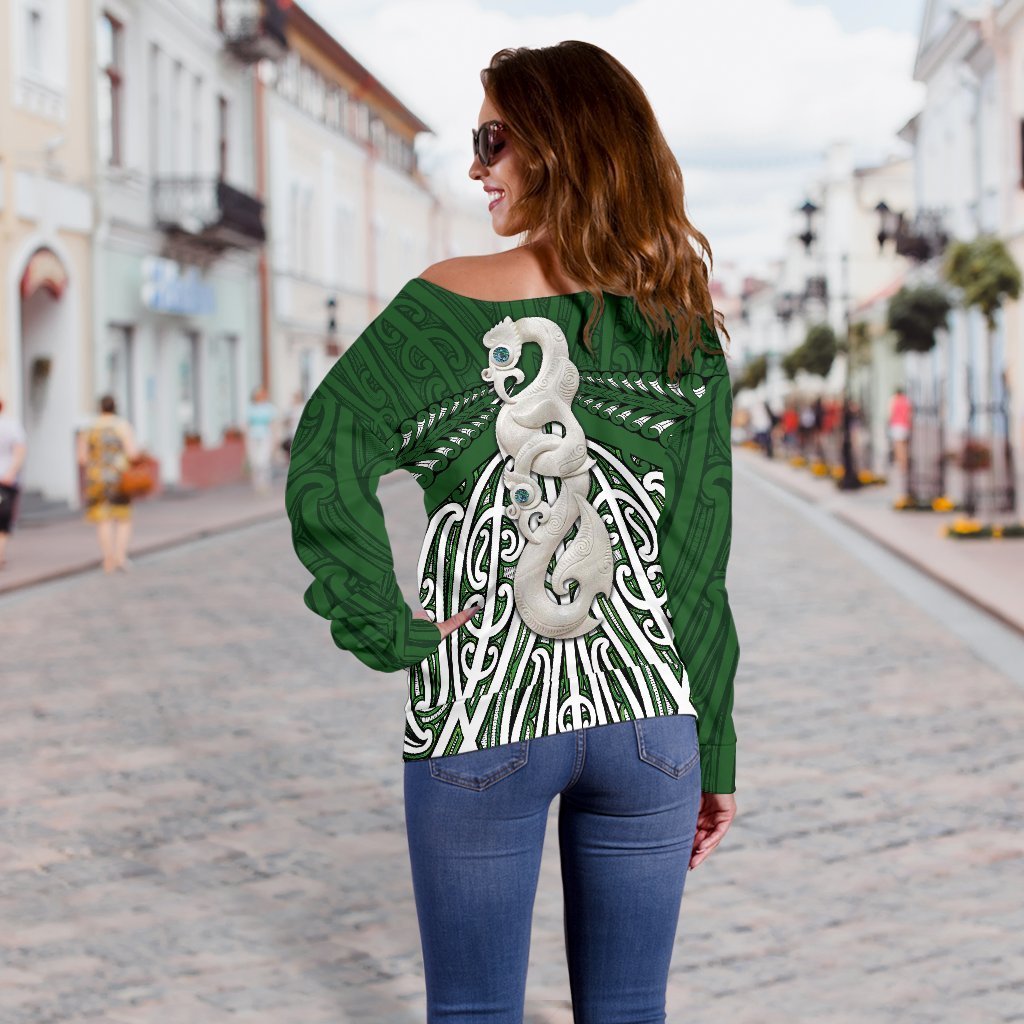 Maori Moko Tattoo Off Shoulder Sweater, Manaia Pounamu - Polynesian Pride