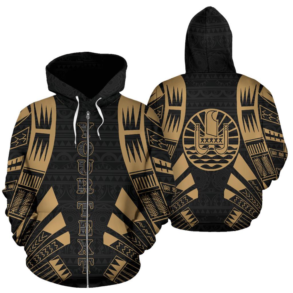 French Polynesia All Over Custom Zip up Hoodie Gold Tattoo Style Unisex Black - Polynesian Pride