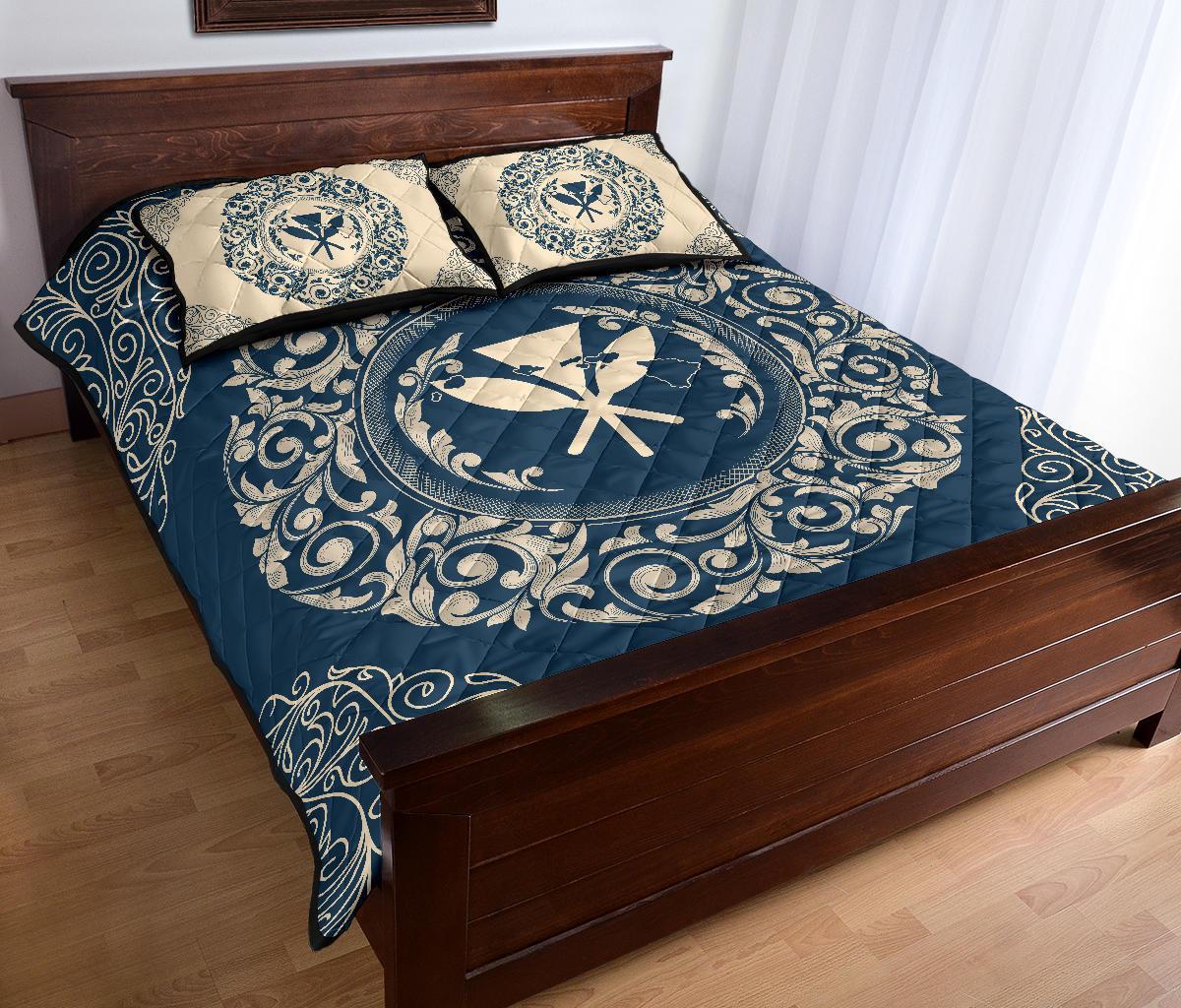 Hawaii Map Classic Floral Quilt Bed Set Blue - Polynesian Pride