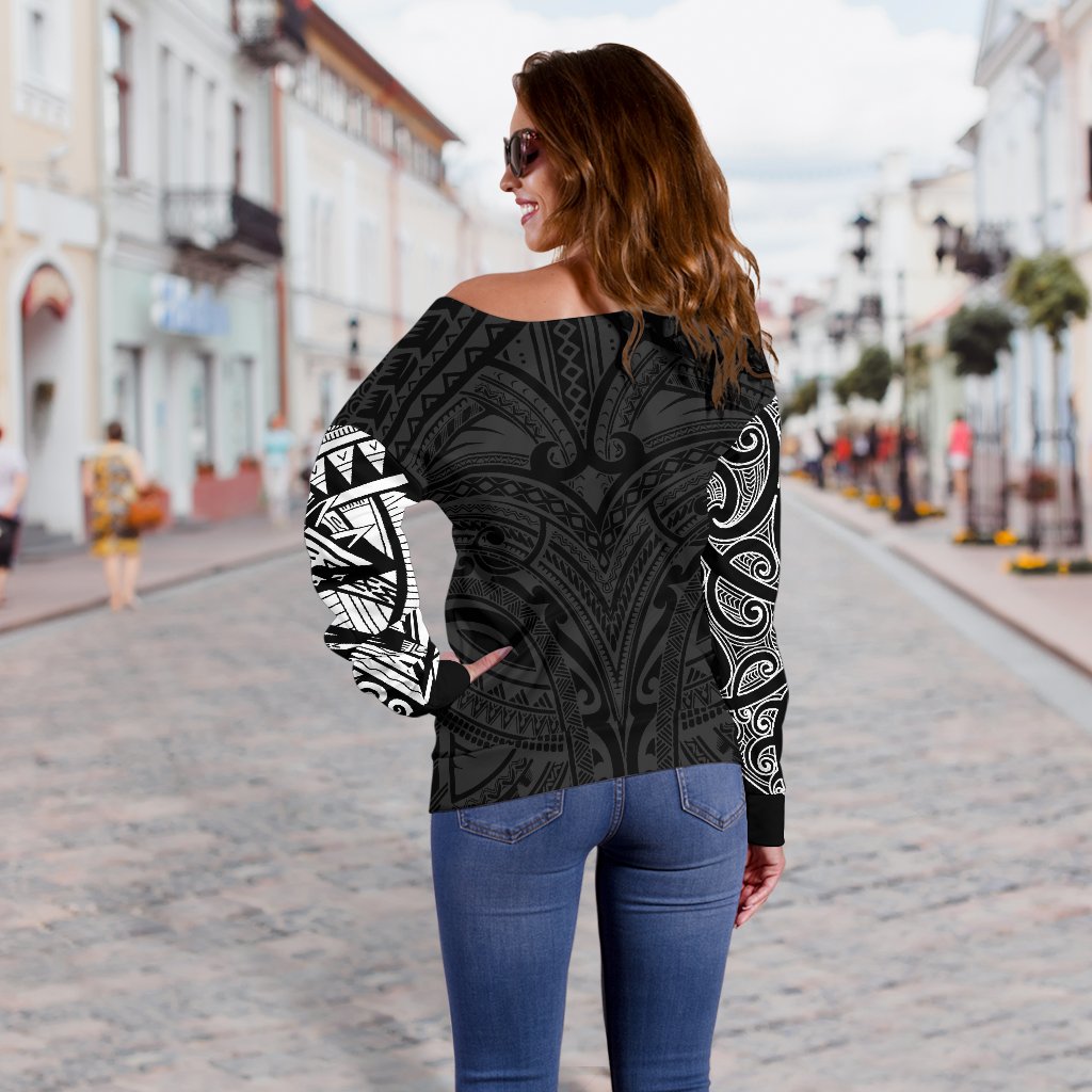 New Zealand Women's Off Shoulder Sweater, Maori Polynesian Tattoo White - Polynesian Pride