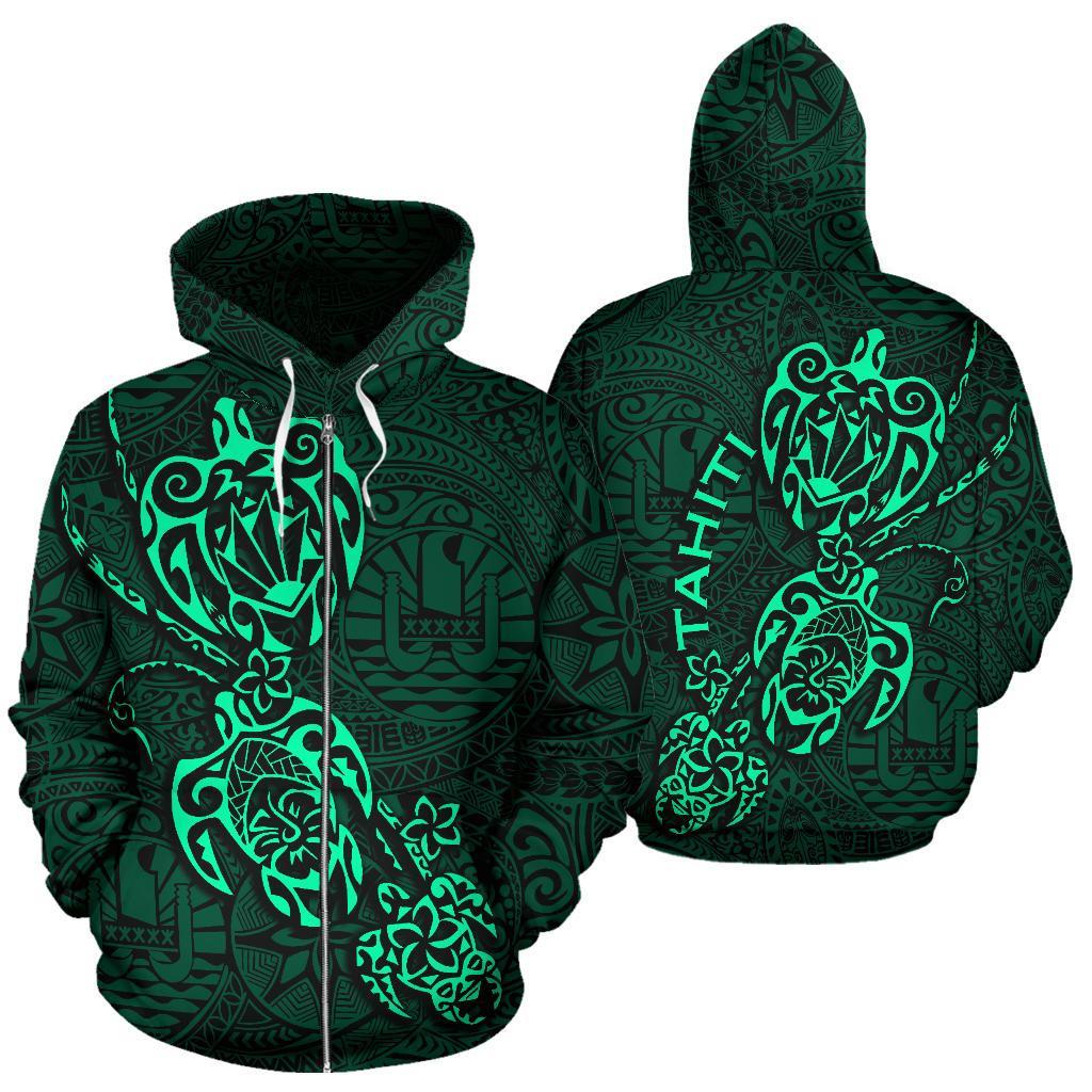 Tahiti Polynesian Family Turtles Zip up Hoodie Green Unisex Green - Polynesian Pride