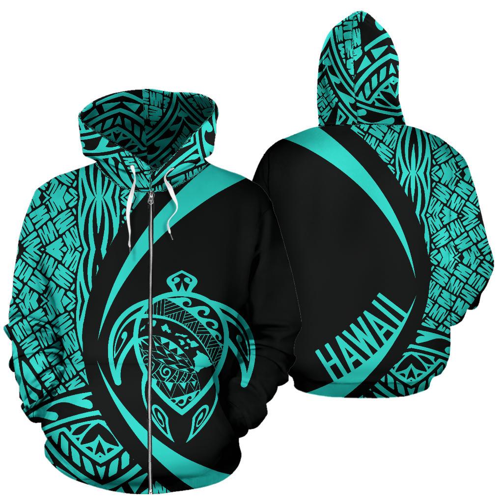 Polynesian Turtle Map of Hawaii Zip Hoodie Turquoise Circle Style Unisex Blue - Polynesian Pride